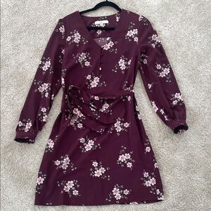 LOFT Burgundy Floral Long Sleeve Dress